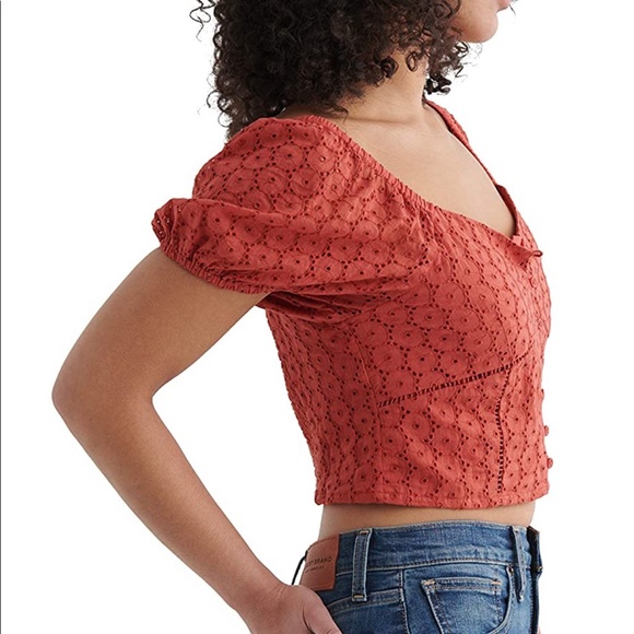 Lucky Brand Red Eyelet Button Front Peasant Puff Sleeve Shirt Tandori Spice - Picture 3 of 12